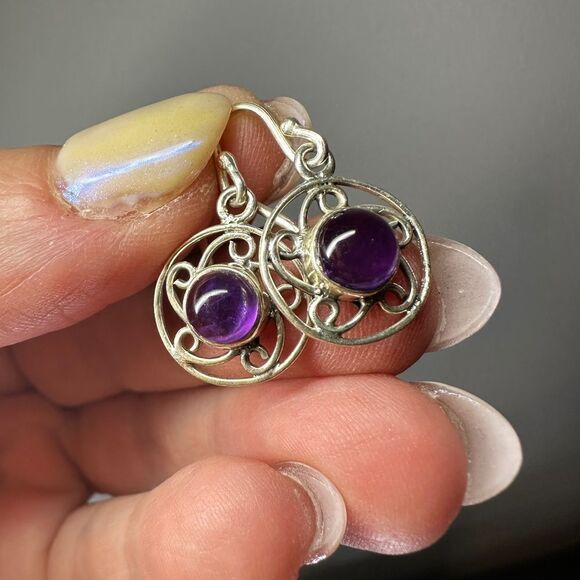 5mm amethyst cabochon dangle earrings in stamped sterling silver! - Picture 13 of 15